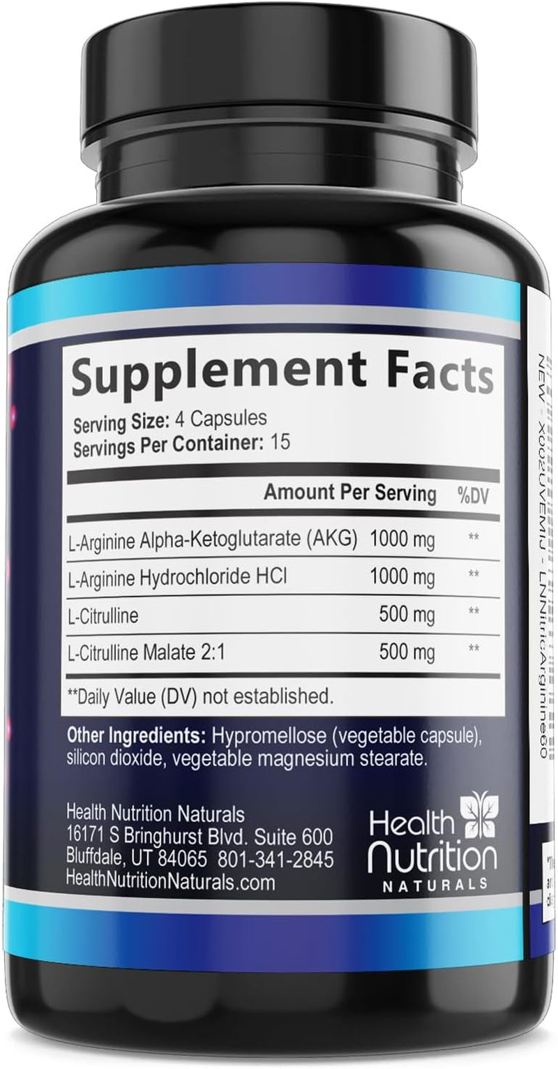 Extra Strength Nitric Oxide Booster - 3X Strength L-Arginine AKG & Citrulline Malate - Men & Women Premium Pre Workout Nitric Booster - Natural Energy & Muscle Support, Bottled in USA - 60 Capsules