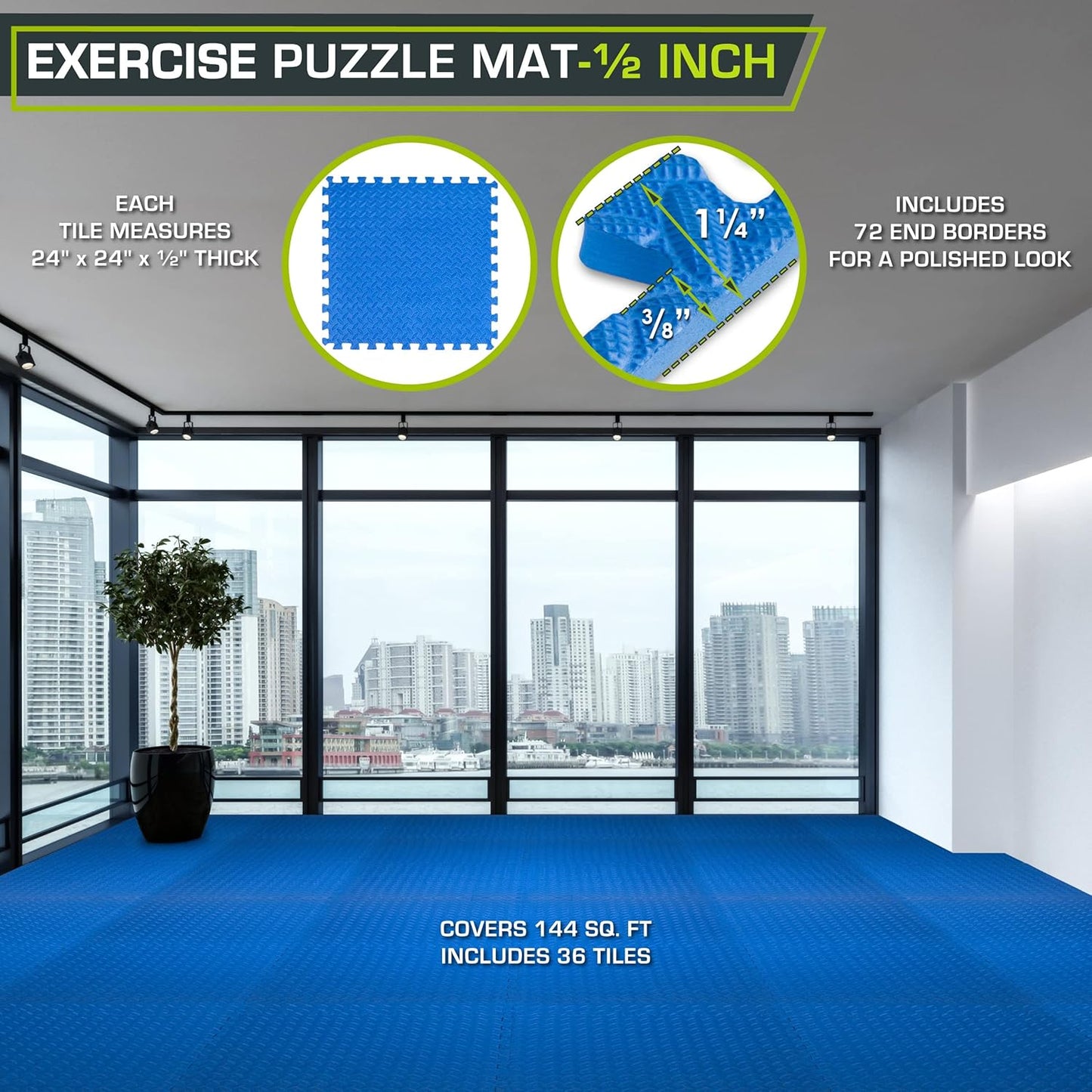 Exercise Puzzle Mat ½-Inch, EVA Interlocking Foam Floor Tiles for Home Gym, Workout Equipment, Kids Play Areas, Blue, 144 SQ FT - 36 Tiles
