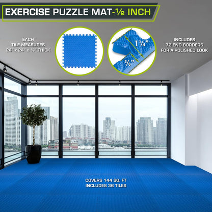 Exercise Puzzle Mat ½-Inch, EVA Interlocking Foam Floor Tiles for Home Gym, Workout Equipment, Kids Play Areas, Blue, 144 SQ FT - 36 Tiles