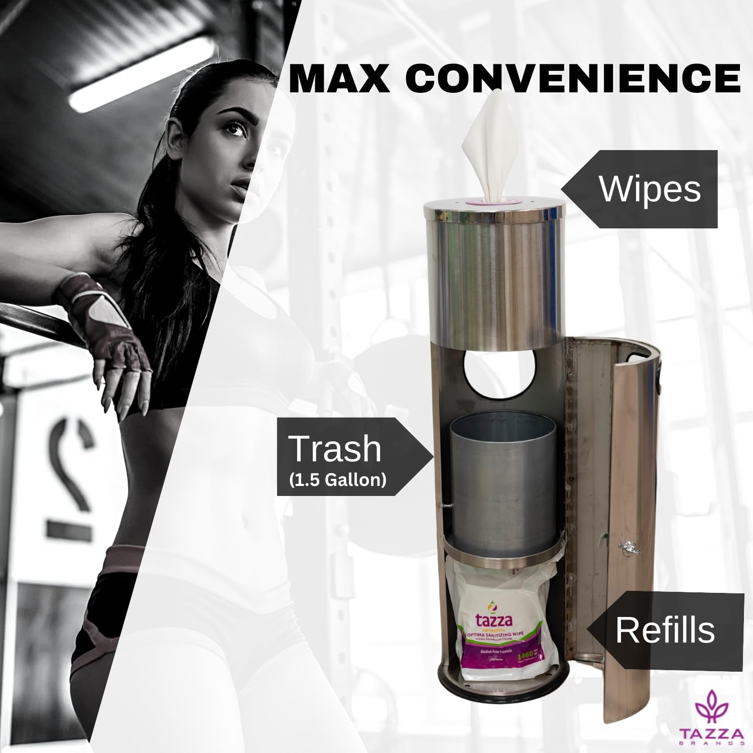 Gym Equipment Wipe Dispenser with Stainless Steel Floor Stand, Built-In Trash Can, Fitness Equipment Wipes Holder, 1.5 Gallon, Silver