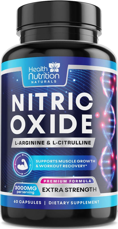 Extra Strength Nitric Oxide Booster - 3X Strength L-Arginine AKG & Citrulline Malate - Men & Women Premium Pre Workout Nitric Booster - Natural Energy & Muscle Support, Bottled in USA - 60 Capsules