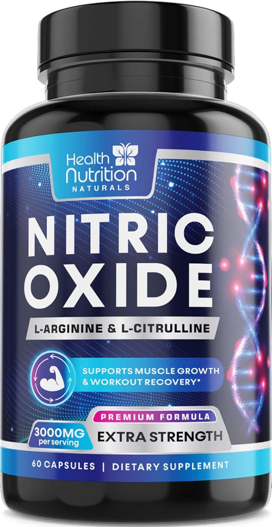 Extra Strength Nitric Oxide Booster - 3X Strength L-Arginine AKG & Citrulline Malate - Men & Women Premium Pre Workout Nitric Booster - Natural Energy & Muscle Support, Bottled in USA - 60 Capsules