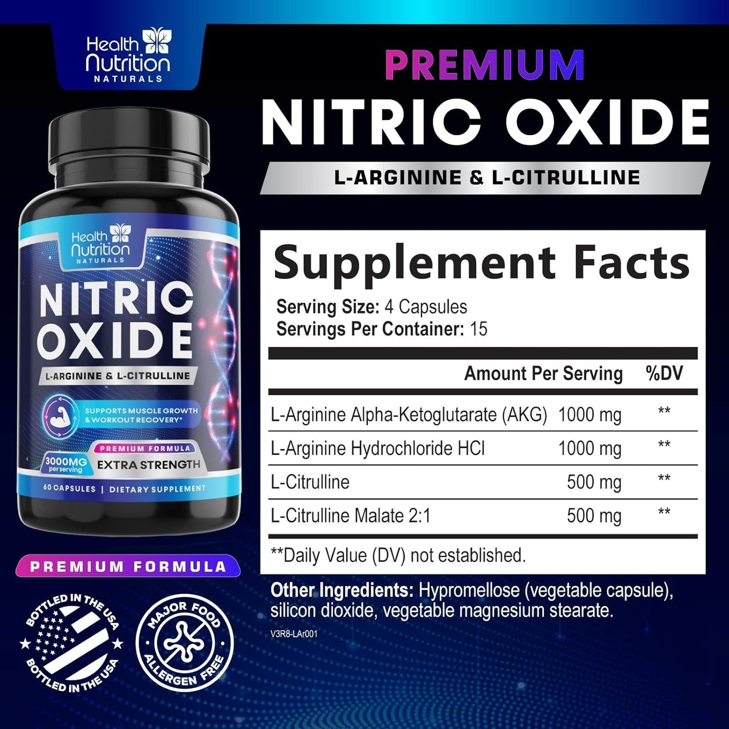 Extra Strength Nitric Oxide Booster - 3X Strength L-Arginine AKG & Citrulline Malate - Men & Women Premium Pre Workout Nitric Booster - Natural Energy & Muscle Support, Bottled in USA - 60 Capsules