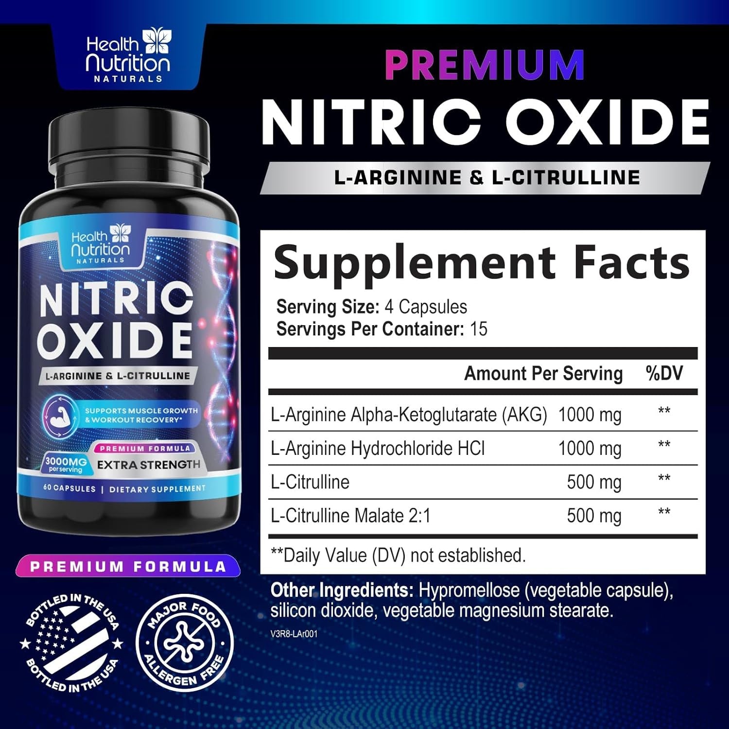 Extra Strength Nitric Oxide Booster - 3X Strength L-Arginine AKG & Citrulline Malate - Men & Women Premium Pre Workout Nitric Booster - Natural Energy & Muscle Support, Bottled in USA - 60 Capsules