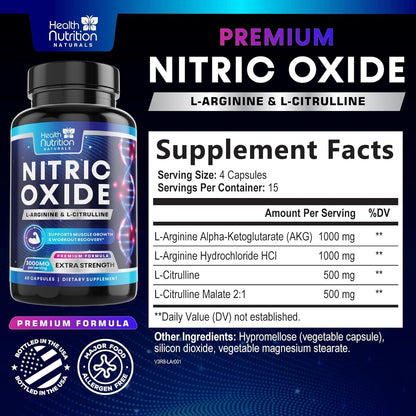 Extra Strength Nitric Oxide Booster - 3X Strength L-Arginine AKG & Citrulline Malate - Men & Women Premium Pre Workout Nitric Booster - Natural Energy & Muscle Support, Bottled in USA - 60 Capsules