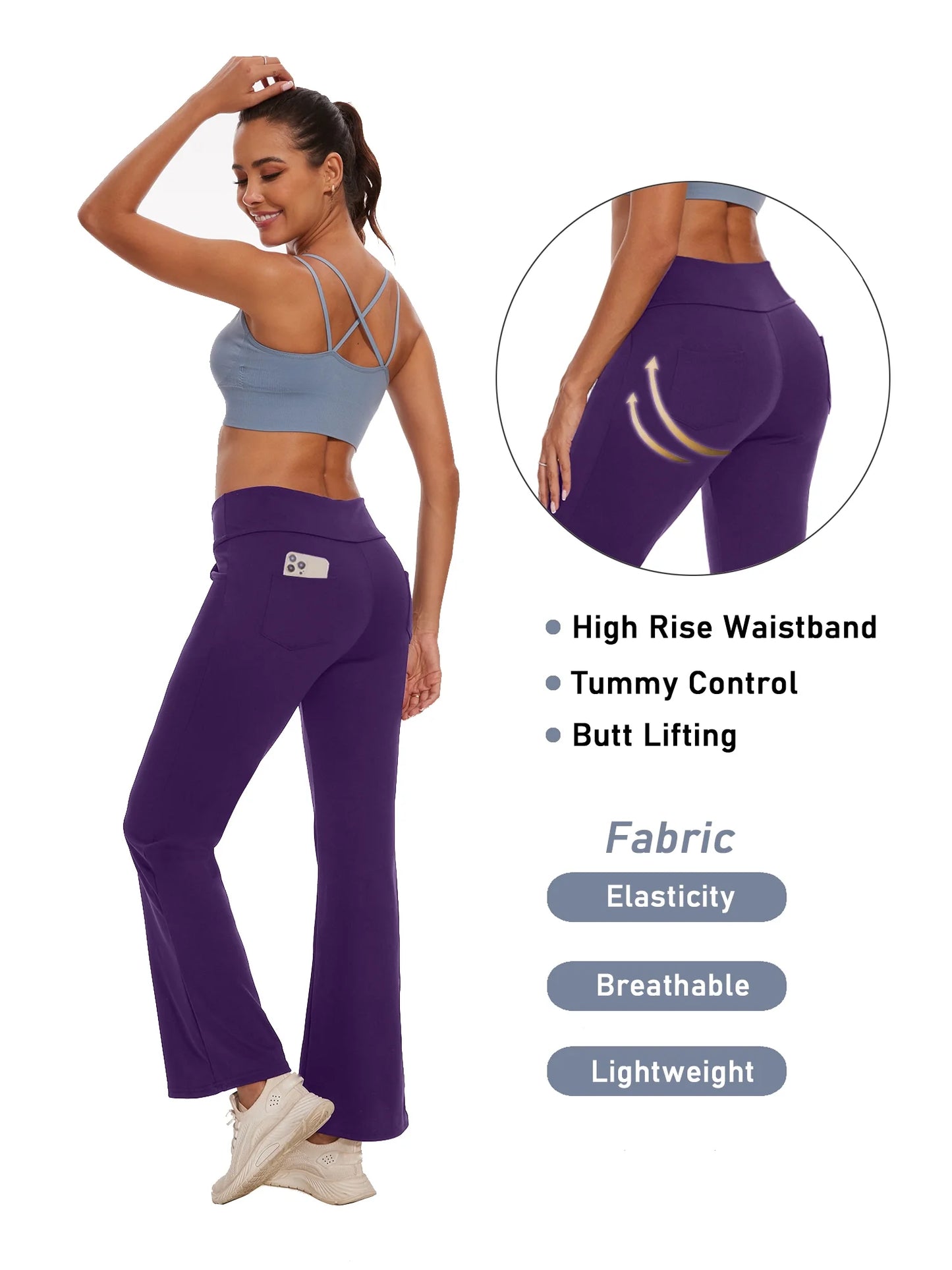 Womens Bootcut Yoga Pants Flare Legging with Pockets High Waist Lightweight Bottoms Workout Activewear Purple 3XL