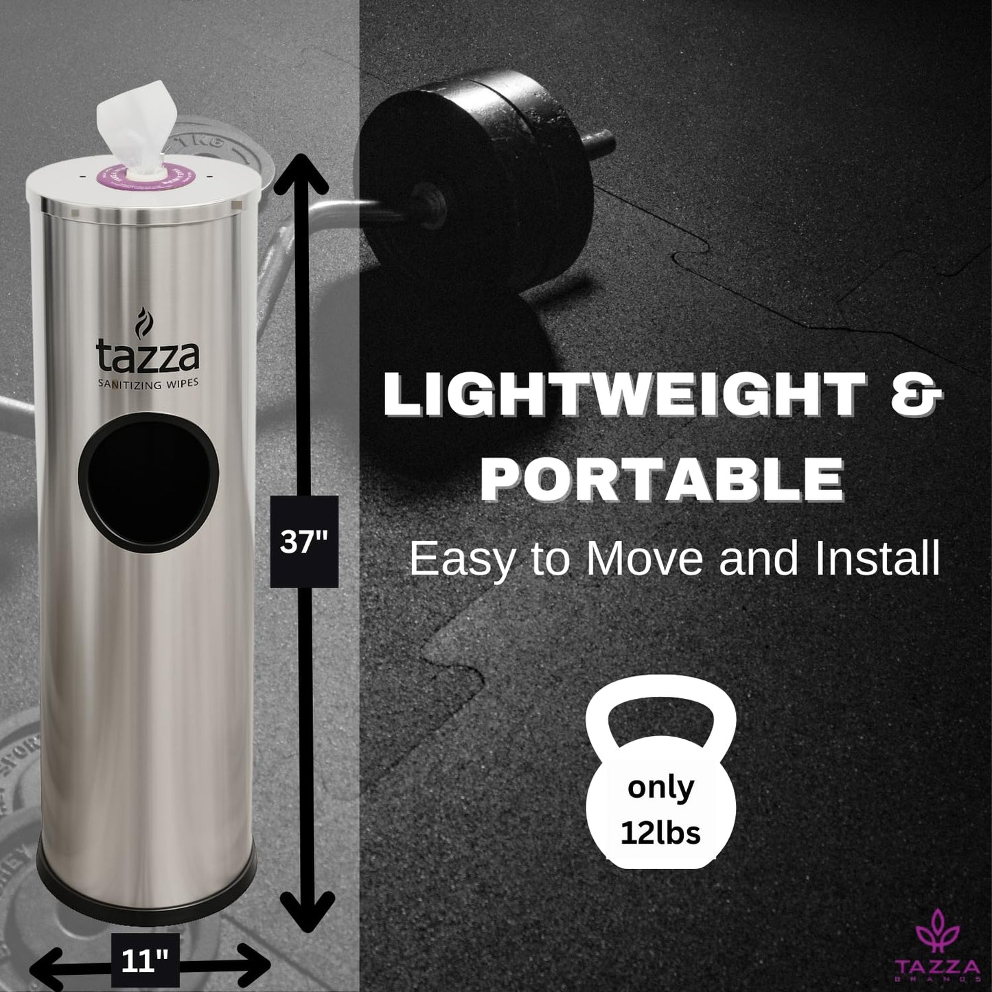 Gym Equipment Wipe Dispenser with Stainless Steel Floor Stand, Built-In Trash Can, Fitness Equipment Wipes Holder, 1.5 Gallon, Silver