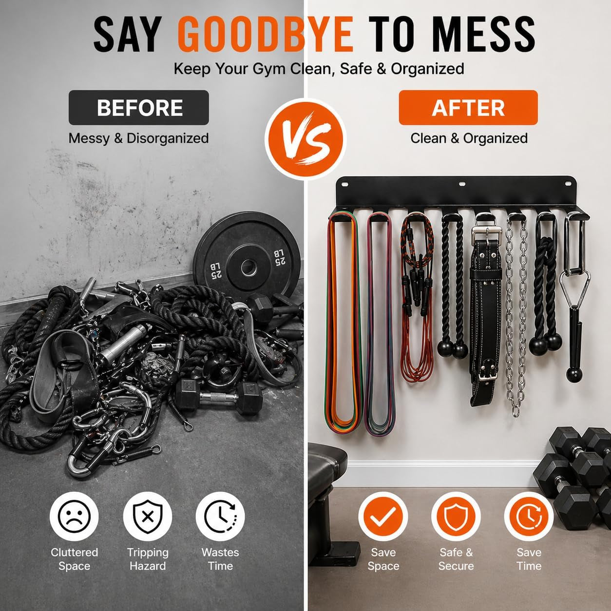 Gym Equipment Storage Rack - Multi-Purpose Home Gym Organization Storage Wall Mount for Resistance Bands, Jump Ropes, Lifting Belt, Chains, Barbells (16" / 8 Prongs)