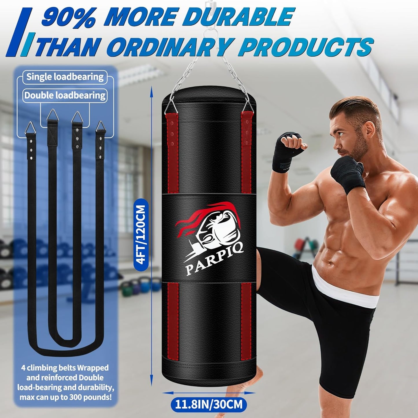 4FT Hanging Punching Bag for Adults, Unfilled Canvas Heavy Boxing Bag Set with 12Oz Boxing Gloves Hand Wraps, Jump Rope, Reflex Ball for MMA Kickboxing Muay Thai Training Home