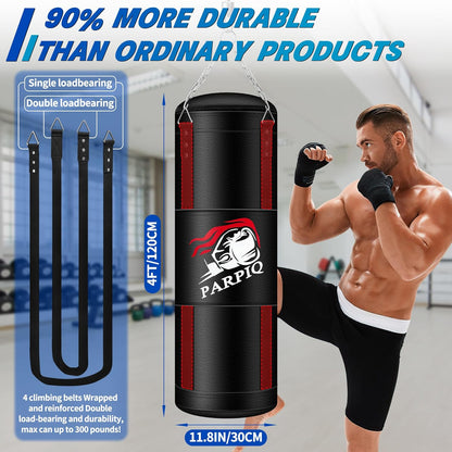 4FT Hanging Punching Bag for Adults, Unfilled Canvas Heavy Boxing Bag Set with 12Oz Boxing Gloves Hand Wraps, Jump Rope, Reflex Ball for MMA Kickboxing Muay Thai Training Home