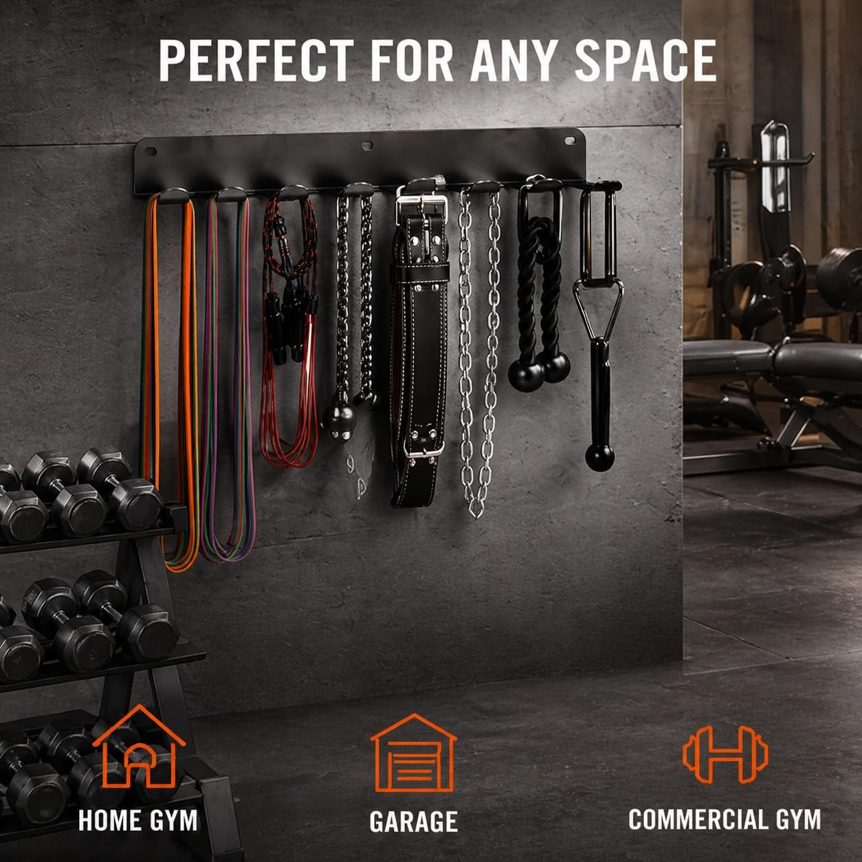 Gym Equipment Storage Rack - Multi-Purpose Home Gym Organization Storage Wall Mount for Resistance Bands, Jump Ropes, Lifting Belt, Chains, Barbells (16" / 8 Prongs)