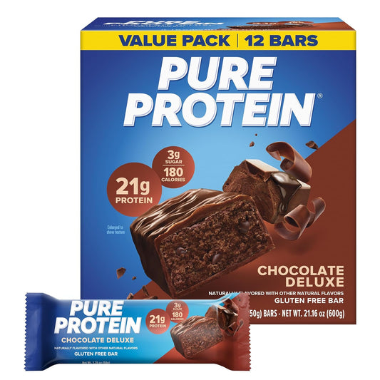 Pure Protein Chocolate Deluxe Protein Bars – 21G Protein, 3G Sugar, 190 Calories (12 Count) Low Sugar* High Protein Snack - Gluten Free - Perfect for a Healthy Snack