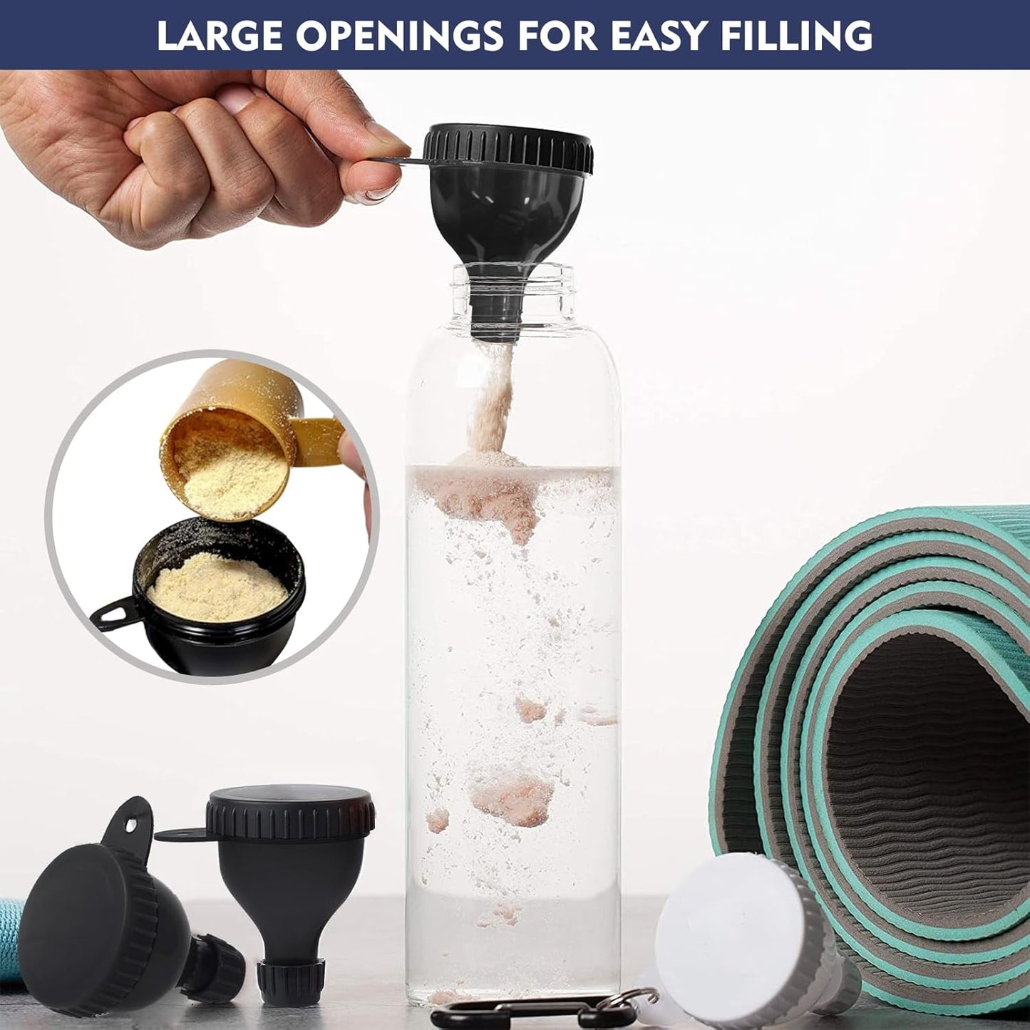 2 Pcs Protein Powder Container, Portable Protein Powder Travel Container, Protein Powder Funnel, Water Bottle Funnels for Powder Mixes, Pre Workout/Gym Supplement Funnel Keychain (50Ml+100Ml)
