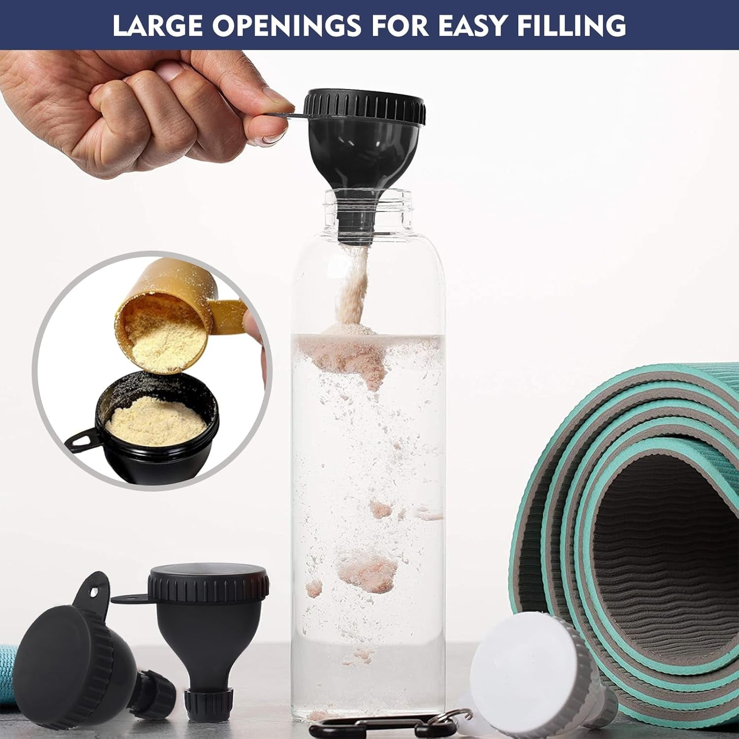 2 Pcs Protein Powder Container, Portable Protein Powder Travel Container, Protein Powder Funnel, Water Bottle Funnels for Powder Mixes, Pre Workout/Gym Supplement Funnel Keychain (50Ml+100Ml)