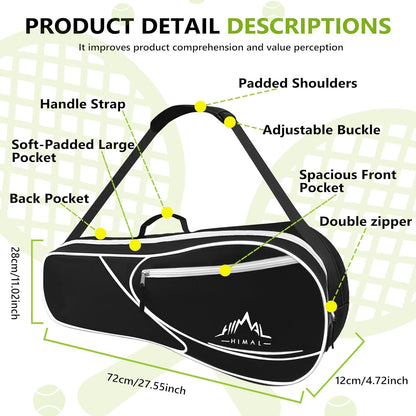Himal 3 Racquet Tennis Bag with Protective Pad, Tennis Racket Bag for Men Women, Sports Enthusiasts of All Ages