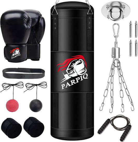 4FT Hanging Punching Bag for Adults, Unfilled Canvas Heavy Boxing Bag Set with 12Oz Boxing Gloves Hand Wraps, Jump Rope, Reflex Ball for MMA Kickboxing Muay Thai Training Home