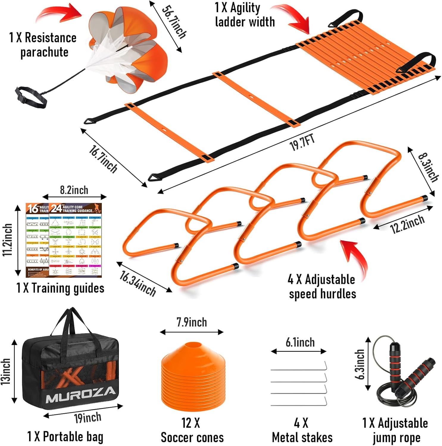 Agility Ladder, Agility Speed Training Equipment Set, 20Ft Speed Ladder, 12 Soccer Cones, 4 Hurdles, Jump Rope, Running Parachute, Soccer Football Basketball Training Equipment Accessories