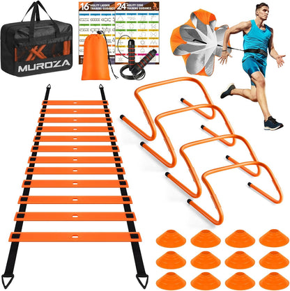 Agility Ladder, Agility Speed Training Equipment Set, 20Ft Speed Ladder, 12 Soccer Cones, 4 Hurdles, Jump Rope, Running Parachute, Soccer Football Basketball Training Equipment Accessories