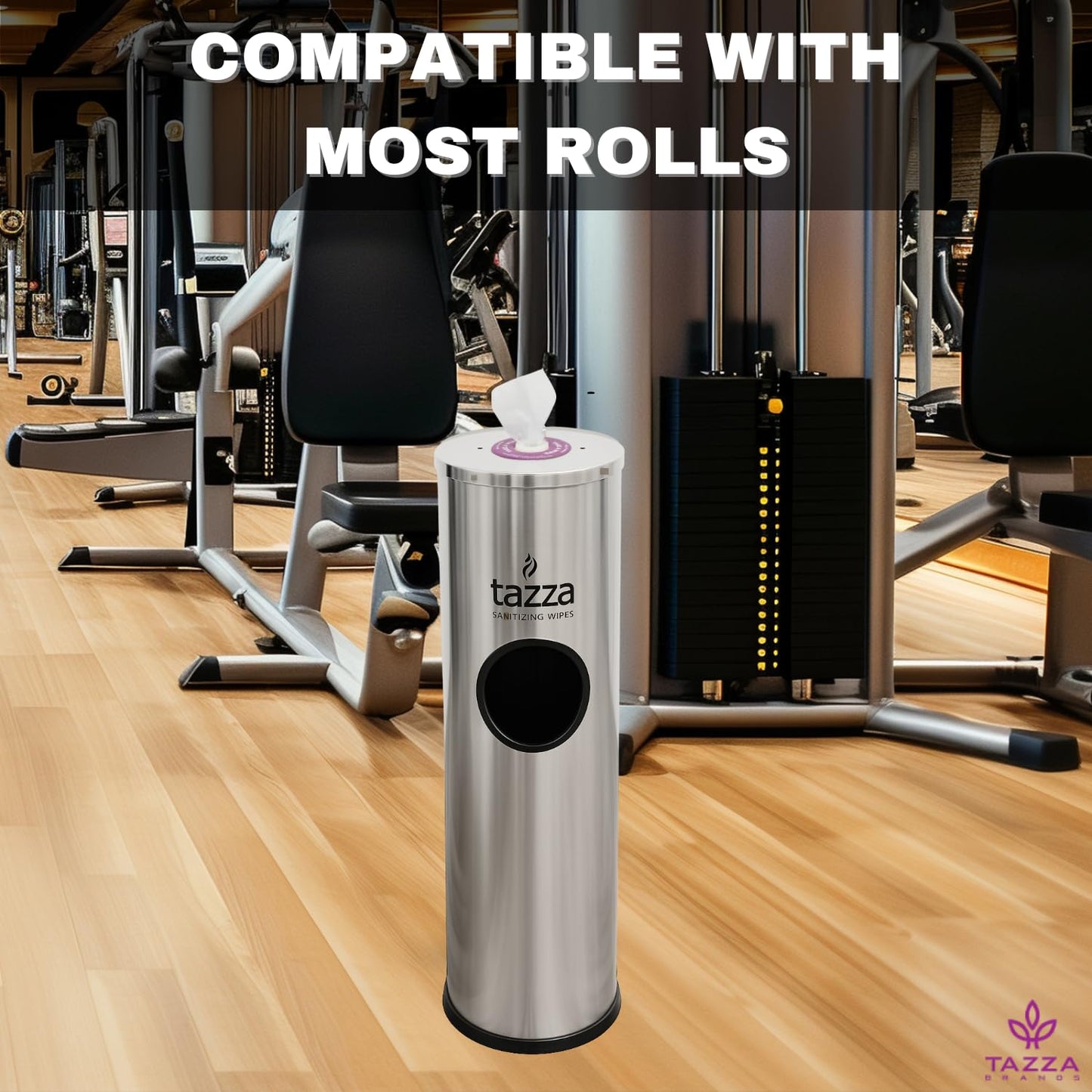 Gym Equipment Wipe Dispenser with Stainless Steel Floor Stand, Built-In Trash Can, Fitness Equipment Wipes Holder, 1.5 Gallon, Silver