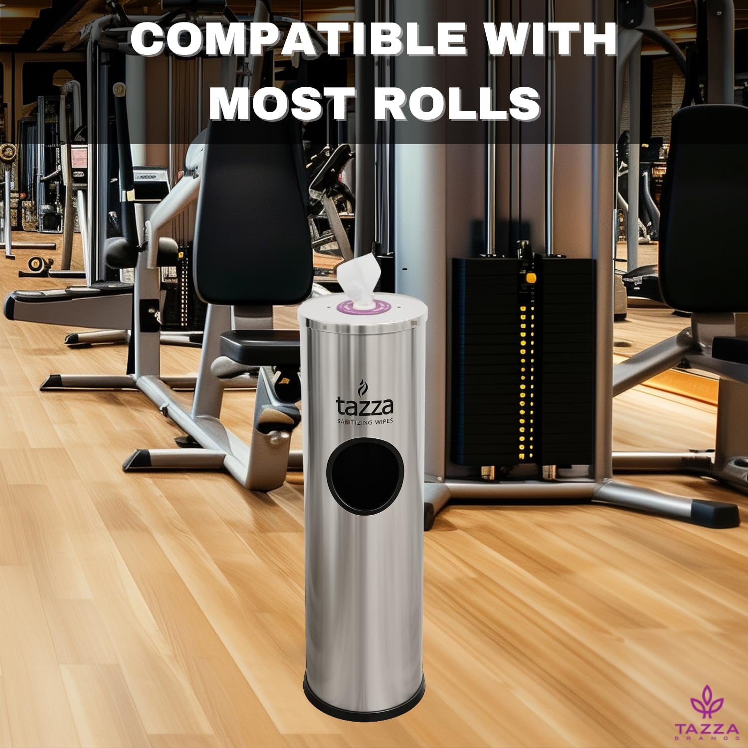 Gym Equipment Wipe Dispenser with Stainless Steel Floor Stand, Built-In Trash Can, Fitness Equipment Wipes Holder, 1.5 Gallon, Silver