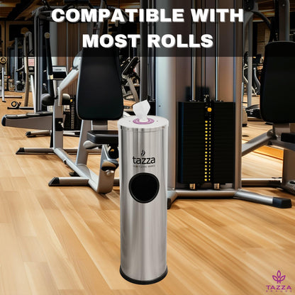 Gym Equipment Wipe Dispenser with Stainless Steel Floor Stand, Built-In Trash Can, Fitness Equipment Wipes Holder, 1.5 Gallon, Silver