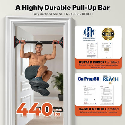 Pull up Bar for Doorway:  Strength Training Pull-Up Bars without Screw - Adjustable Width Locking Mechanism Chin up Bar, Thickened Steel Max Limit 440 Lbs Upper Body Fitness Pullup Bars for Home (Black-Red)