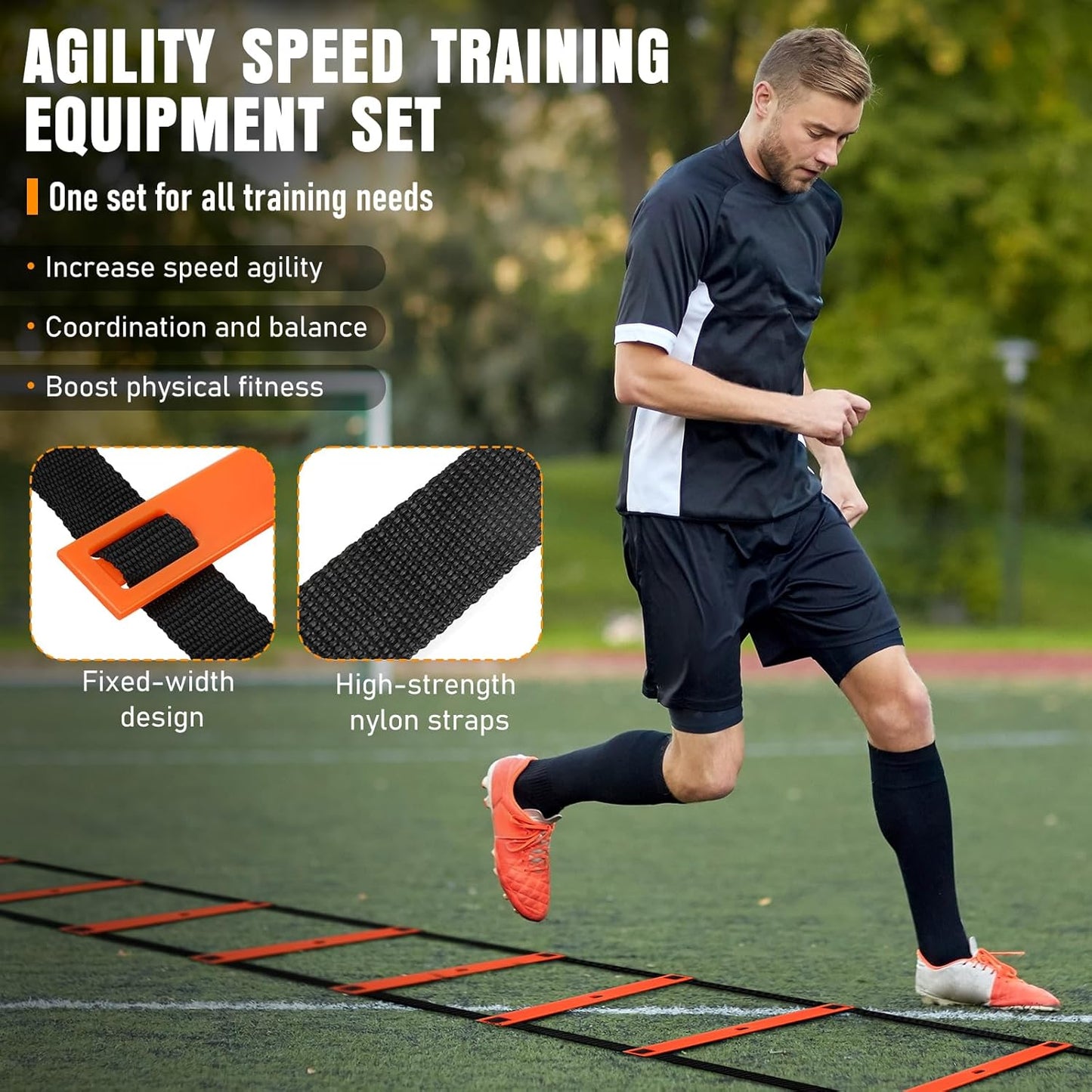 Agility Ladder, Agility Speed Training Equipment Set, 20Ft Speed Ladder, 12 Soccer Cones, 4 Hurdles, Jump Rope, Running Parachute, Soccer Football Basketball Training Equipment Accessories
