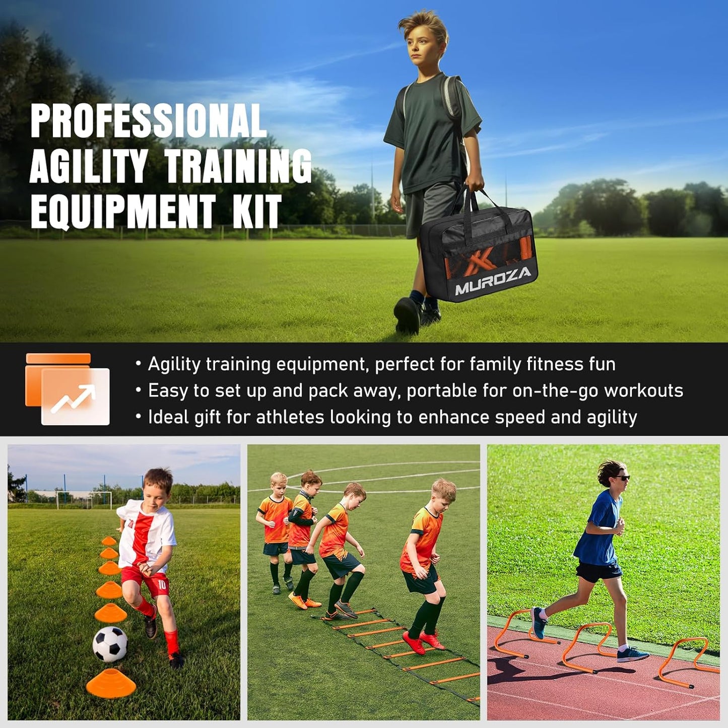 Agility Ladder, Agility Speed Training Equipment Set, 20Ft Speed Ladder, 12 Soccer Cones, 4 Hurdles, Jump Rope, Running Parachute, Soccer Football Basketball Training Equipment Accessories