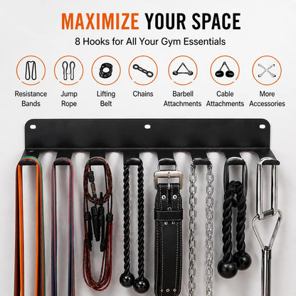 Gym Equipment Storage Rack - Multi-Purpose Home Gym Organization Storage Wall Mount for Resistance Bands, Jump Ropes, Lifting Belt, Chains, Barbells (16" / 8 Prongs)