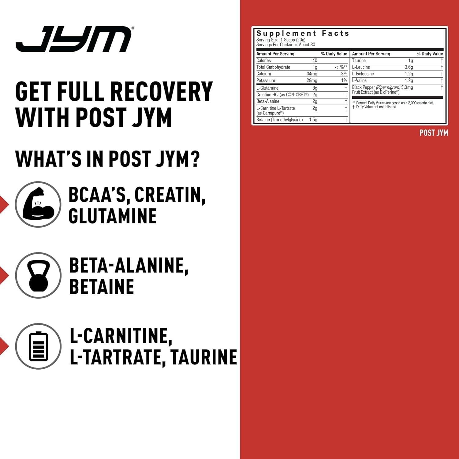 Post JYM Active Matrix Mandarin Orange Amino Recovery Powder Pure Creatine HCL, Bcaa’S, Glutamine, Carnitine, Betaine, Taurine for Strength, Repair, Performance 30 Servings