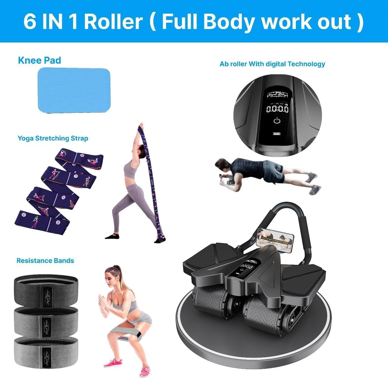 Ab Roller Home Gym Equipment – 4 Wheels Ab Wheel Muscle Roller with Automatic Rebound, Yoga Stretching Strap, 3 Resistance Bands – Comfortable Elbow Support with Non-Slip Handles – Built-In Workout Tracker