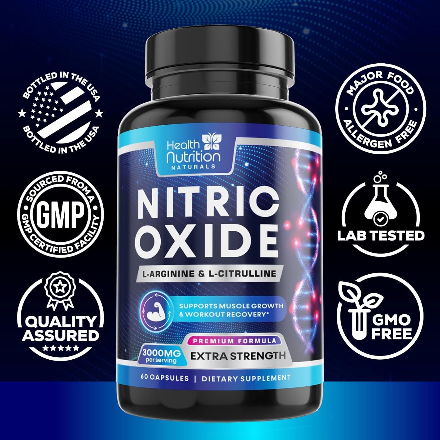 Extra Strength Nitric Oxide Booster - 3X Strength L-Arginine AKG & Citrulline Malate - Men & Women Premium Pre Workout Nitric Booster - Natural Energy & Muscle Support, Bottled in USA - 60 Capsules
