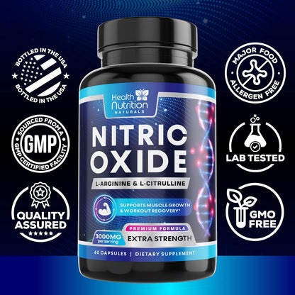 Extra Strength Nitric Oxide Booster - 3X Strength L-Arginine AKG & Citrulline Malate - Men & Women Premium Pre Workout Nitric Booster - Natural Energy & Muscle Support, Bottled in USA - 60 Capsules
