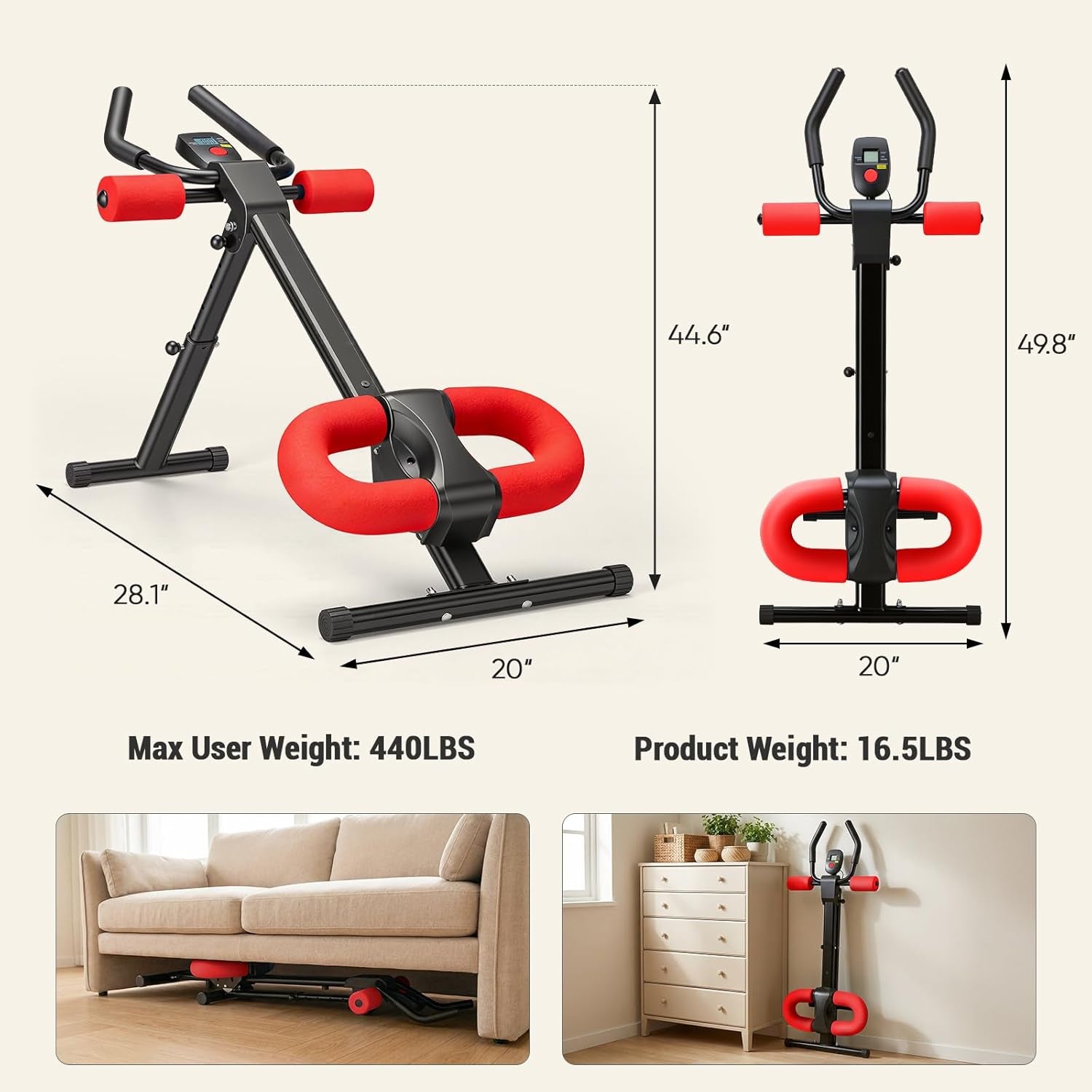 Ab Workout Equipment for Home Gym, Exercise Machine Abs Trainer, Full Body Fitness System Adjustable for Abdominal Stomach Training, LCD Display, Knee Protection