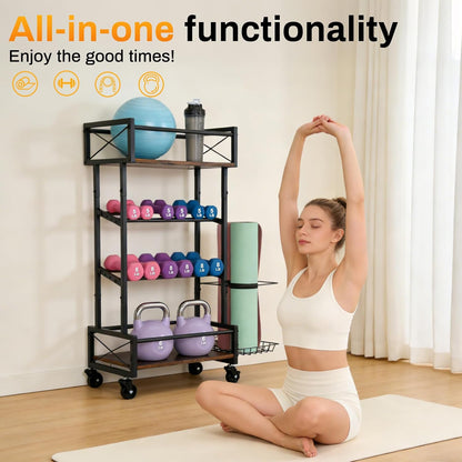 Yoga Mat Storage Rack, Home Gym Storage Rack, Retro Metal & Wood Weight Storage Racks for Yoga Mat, 360° Roller & Fitness Equipment, 60 Lbs per Shelf