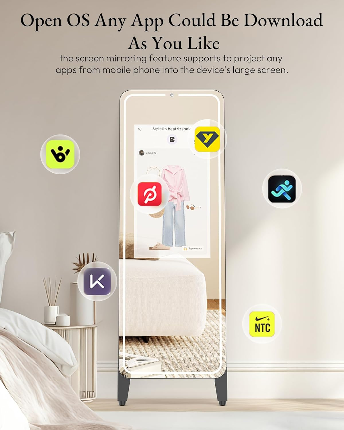 Smart Fitness Mirror with 32'' HD Touchscreen, 65'' Full-Length Mirror, Android OS, Voice Control, for Home Gym, Yoga, Dance and Training