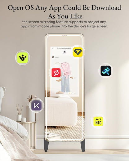 Smart Fitness Mirror with 32'' HD Touchscreen, 65'' Full-Length Mirror, Android OS, Voice Control, for Home Gym, Yoga, Dance and Training