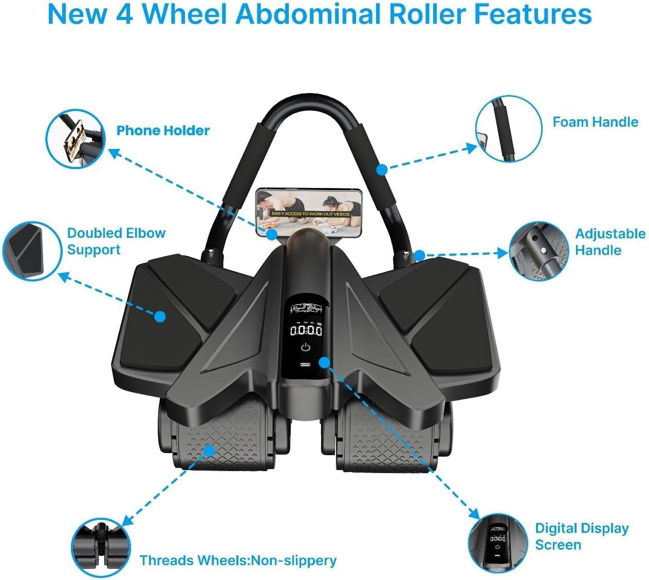 Ab Roller Home Gym Equipment – 4 Wheels Ab Wheel Muscle Roller with Automatic Rebound, Yoga Stretching Strap, 3 Resistance Bands – Comfortable Elbow Support with Non-Slip Handles – Built-In Workout Tracker