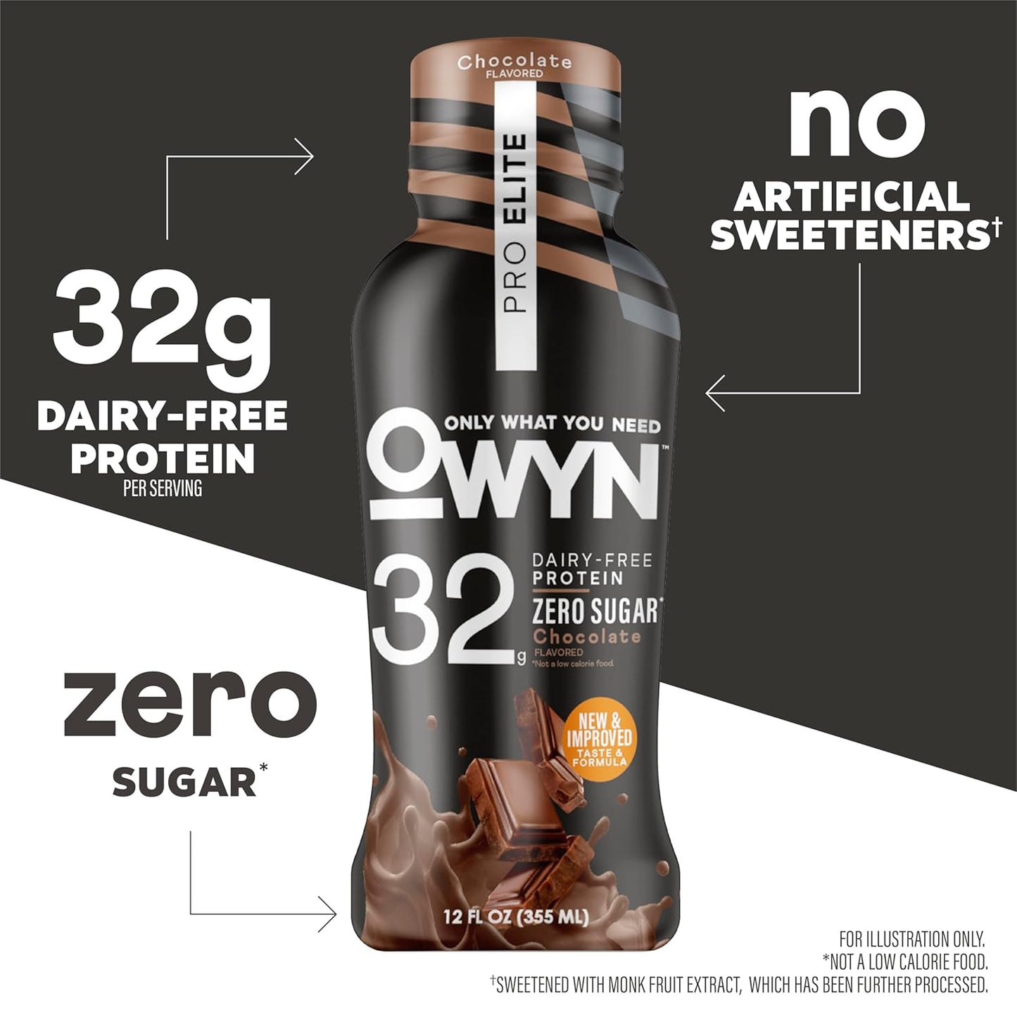OWYN Only What You Need Pro Elite Chocolate Flavored Protein Shake, 32G Protein, 0G Sugar, High Protein, Dairy Free, Gluten Free, Plant Based Protein Drink, 12 Count