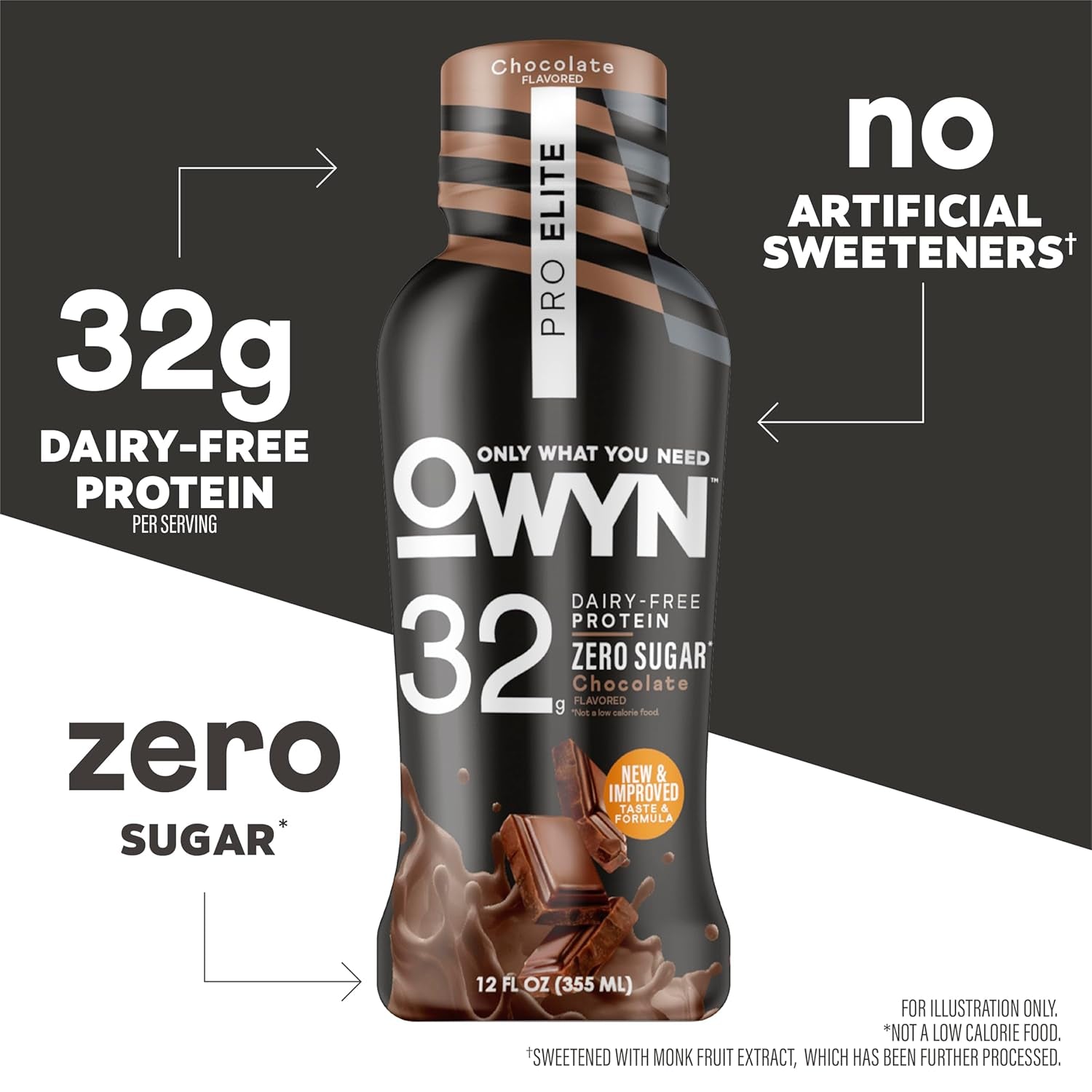 OWYN Only What You Need Pro Elite Chocolate Flavored Protein Shake, 32G Protein, 0G Sugar, High Protein, Dairy Free, Gluten Free, Plant Based Protein Drink, 12 Count
