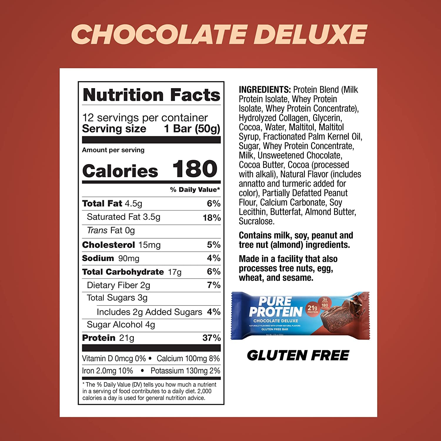 Pure Protein Chocolate Deluxe Protein Bars – 21G Protein, 3G Sugar, 190 Calories (12 Count) Low Sugar* High Protein Snack - Gluten Free - Perfect for a Healthy Snack