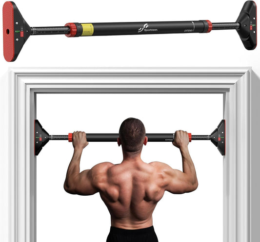 Pull up Bar for Doorway:  Strength Training Pull-Up Bars without Screw - Adjustable Width Locking Mechanism Chin up Bar, Thickened Steel Max Limit 440 Lbs Upper Body Fitness Pullup Bars for Home (Black-Red)