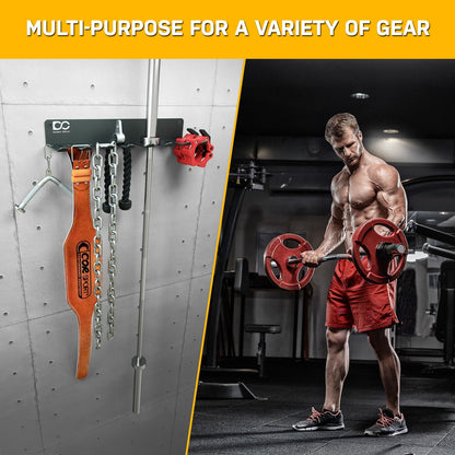 Gym Equipment Storage Rack - Multi Purpose Gym Equipment Wall Rack Hanger for Pro Home Gym Storage for Exercise Bands, Barbell Bar, Jump Ropes, Chains, Lifting Belts (17" - Hooks)