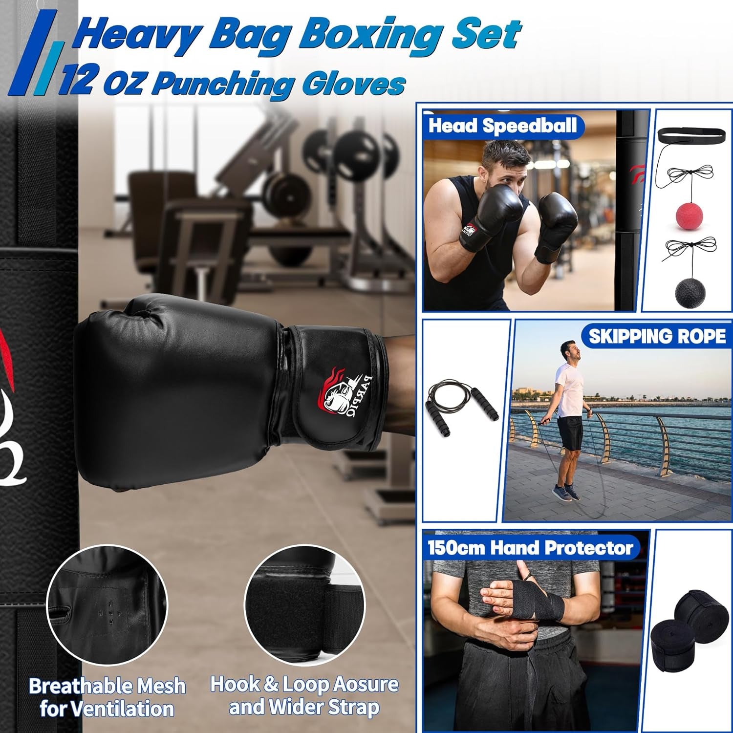 4FT Hanging Punching Bag for Adults, Unfilled Canvas Heavy Boxing Bag Set with 12Oz Boxing Gloves Hand Wraps, Jump Rope, Reflex Ball for MMA Kickboxing Muay Thai Training Home
