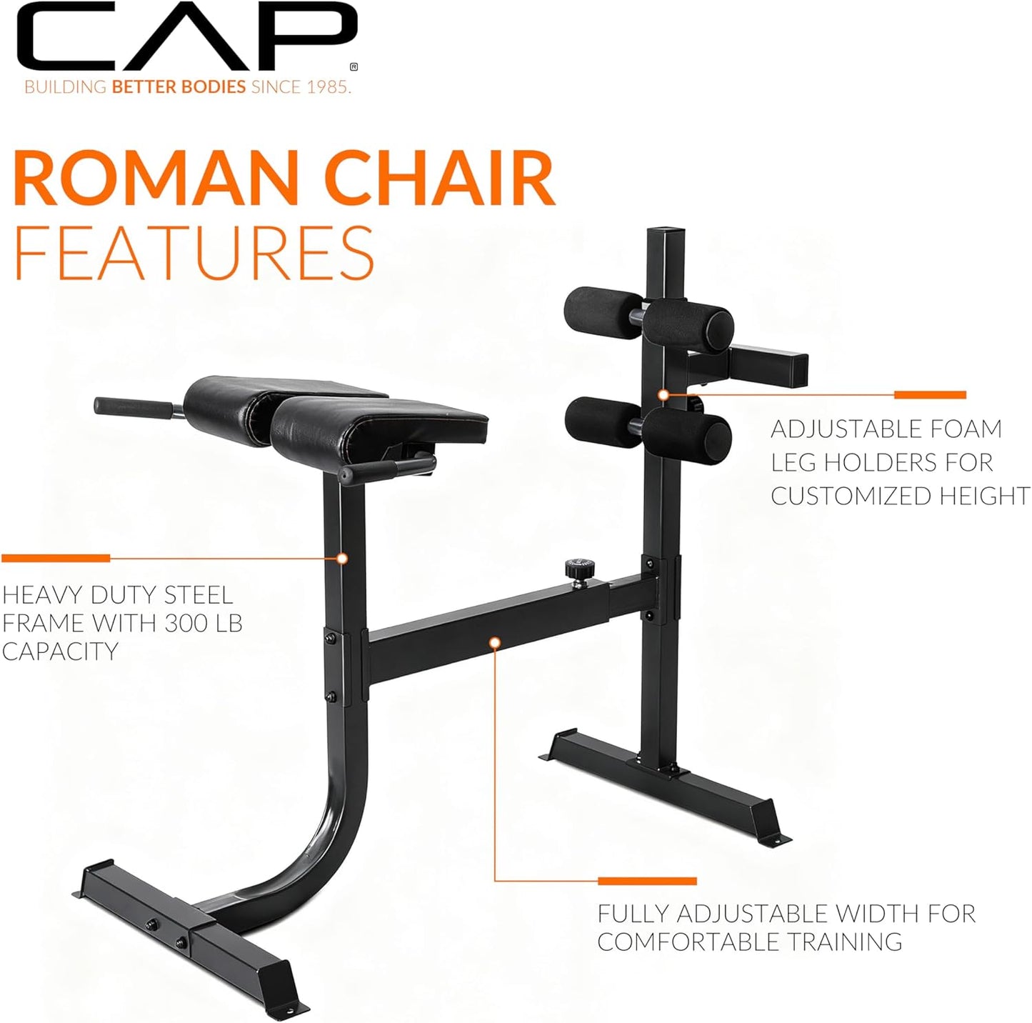 Cap Strength Roman Chair – Adjustable Back Extension Bench for Core & Glute Workouts, Heavy-Duty 300 LB Capacity - Black and Gray Options