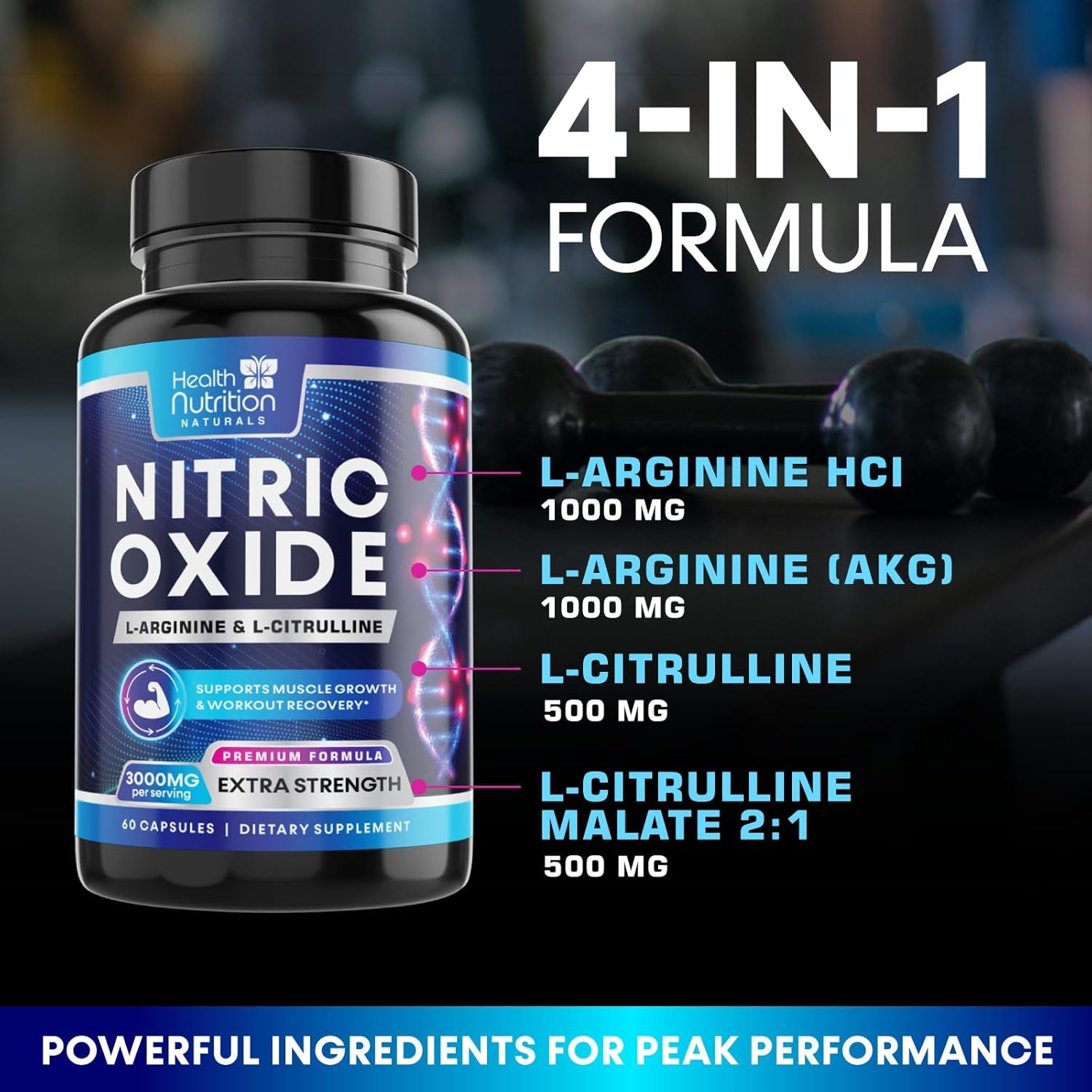 Extra Strength Nitric Oxide Booster - 3X Strength L-Arginine AKG & Citrulline Malate - Men & Women Premium Pre Workout Nitric Booster - Natural Energy & Muscle Support, Bottled in USA - 60 Capsules