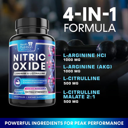 Extra Strength Nitric Oxide Booster - 3X Strength L-Arginine AKG & Citrulline Malate - Men & Women Premium Pre Workout Nitric Booster - Natural Energy & Muscle Support, Bottled in USA - 60 Capsules