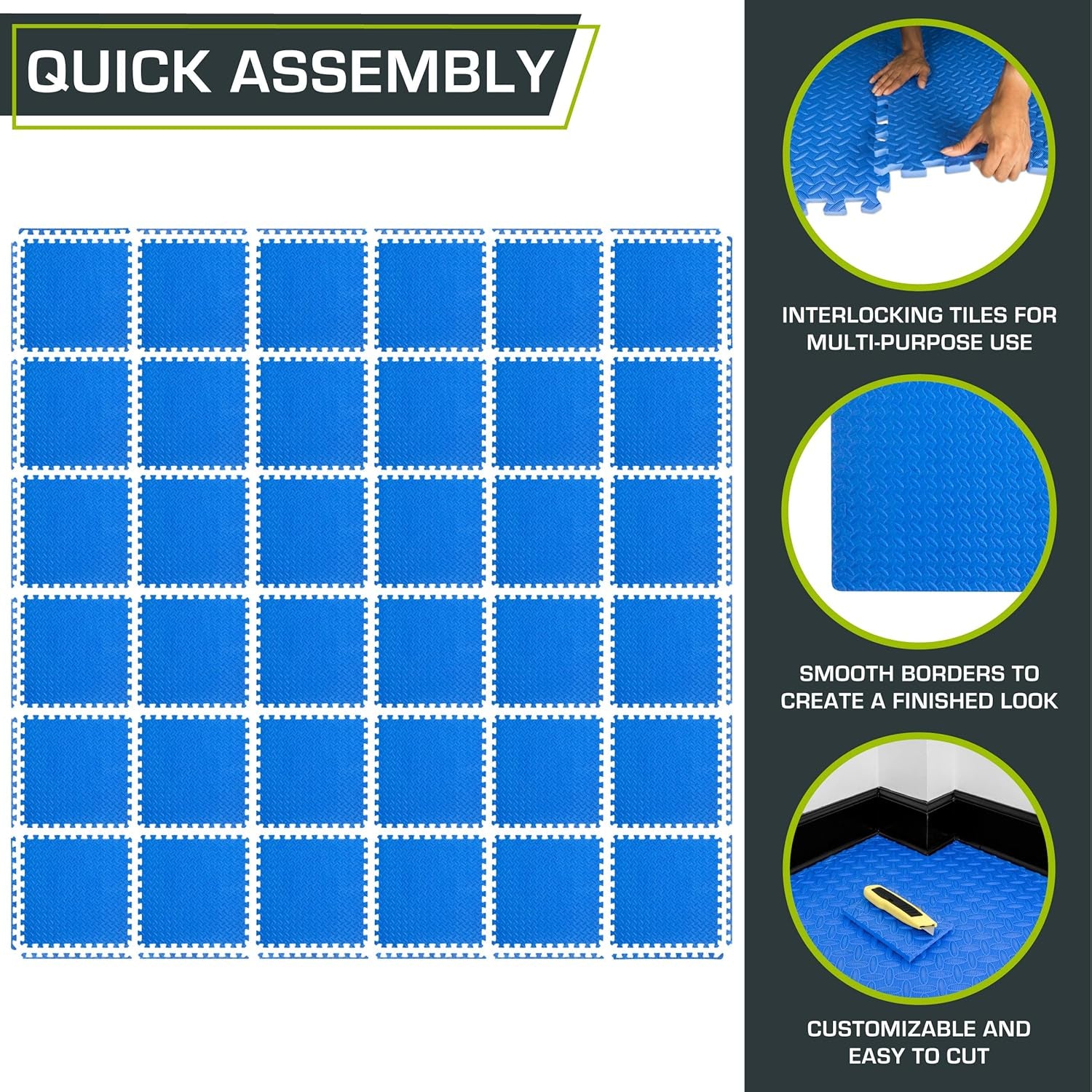 Exercise Puzzle Mat ½-Inch, EVA Interlocking Foam Floor Tiles for Home Gym, Workout Equipment, Kids Play Areas, Blue, 144 SQ FT - 36 Tiles