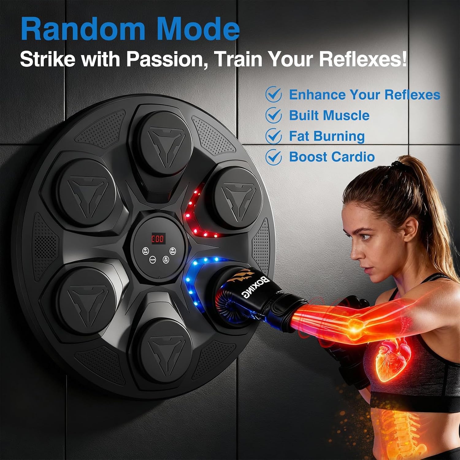 Upgrade Music Boxing Machine for Adults Kids, Interactive Music Punching Machine with Gloves 12 Modes 12 Speeds, Wall Mounted Electronic Boxing Punching Pad with Wireless Connection LED Display