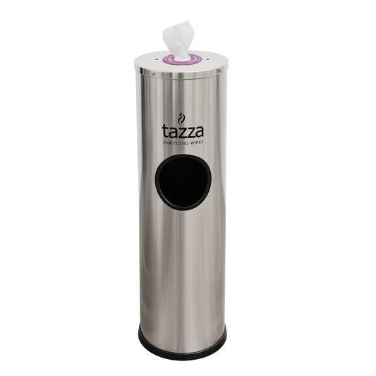 Gym Equipment Wipe Dispenser with Stainless Steel Floor Stand, Built-In Trash Can, Fitness Equipment Wipes Holder, 1.5 Gallon, Silver
